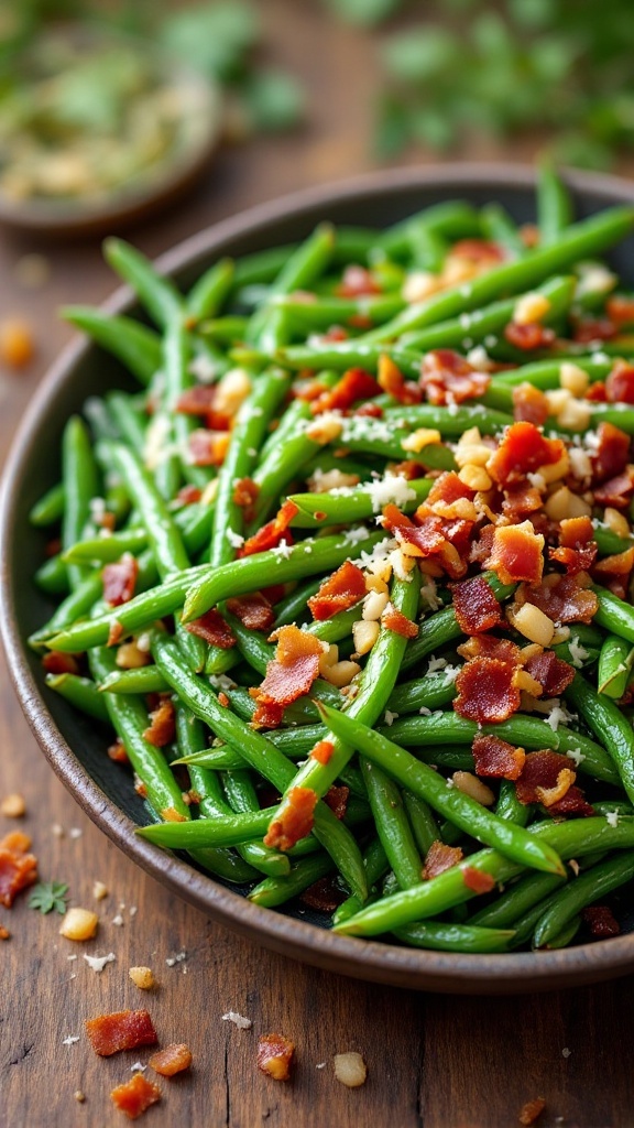 Country ranch green beans with bacon, parmesan, and crispy onions on a wooden table.